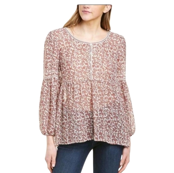 Max Studio Womens Boho Pink Floral Bubble Sleeve Half Button Crepe Blouse XL - Picture 5 of 8